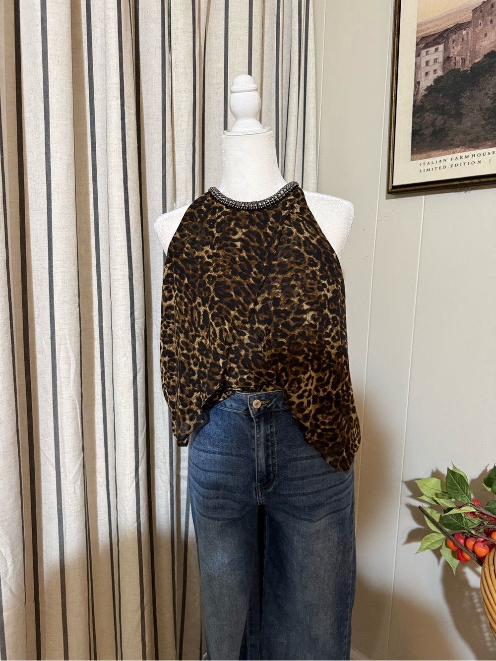 Leopard Print Halter Layered Tank Top with Beaded Neckline - Brown